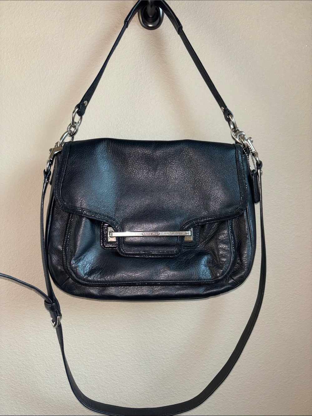 Coach F27445 Black Leather Shoulder Crossbody Bag Silver Hardware